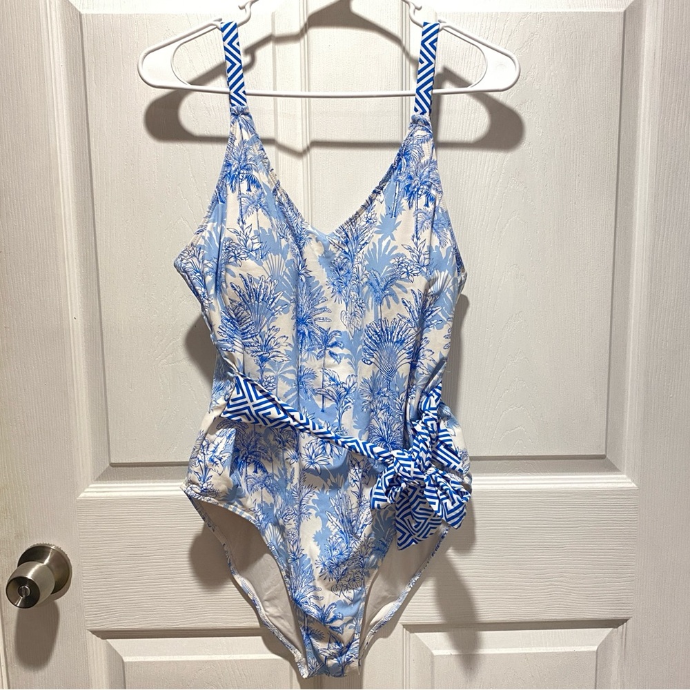 NICOLE MILLER Floral Tropical Blue & White Wrap One Piece Bathing Suit Sz XXL
